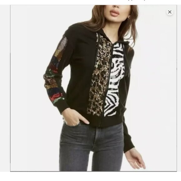 Alice+Olivia Barron Sequined Black Cotton Full Zip Sweatshirt Hoodie Size M - Picture 2 of 10